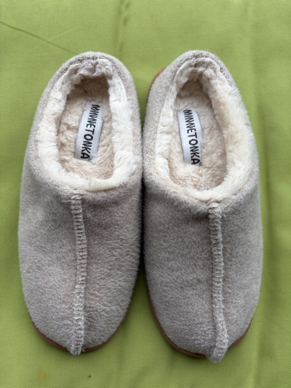 Minnetonka Cream Suede Shearling Slip-Ons